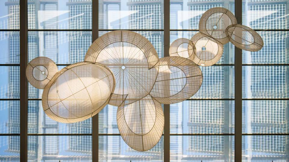 Mobile sculpture of eight interlocking circles in the Frick Chemistry Lab atrium