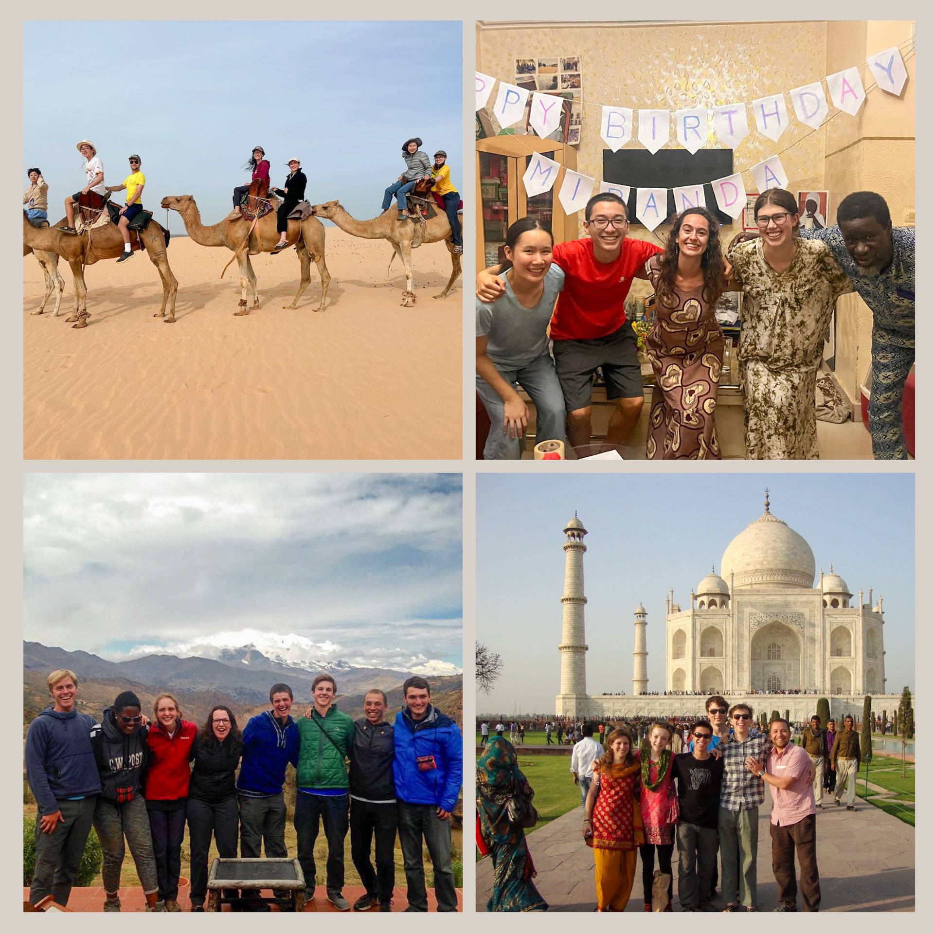 A collage showing students on camels in the desert, students celebrating a brithday, students on top of a mountain, and students at the Taj Mahal