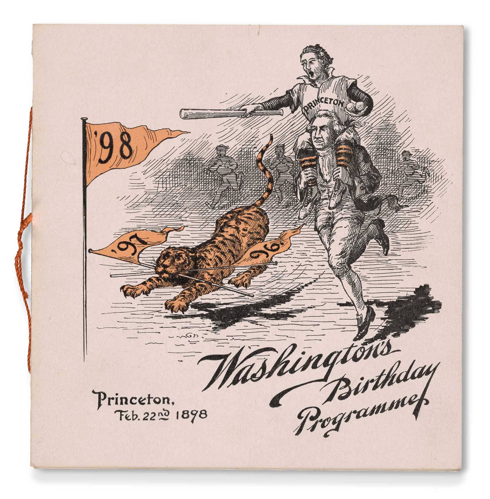 A 1890s-era program portraying Washington as a Princeton icon with tigers and pops of orange