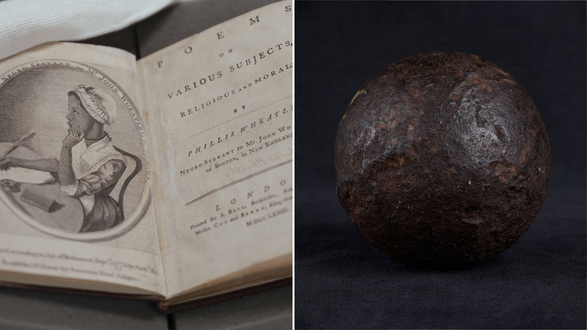 A detail shot of Phillis Wheatley’s author portrait and a Revolution-era cannonball