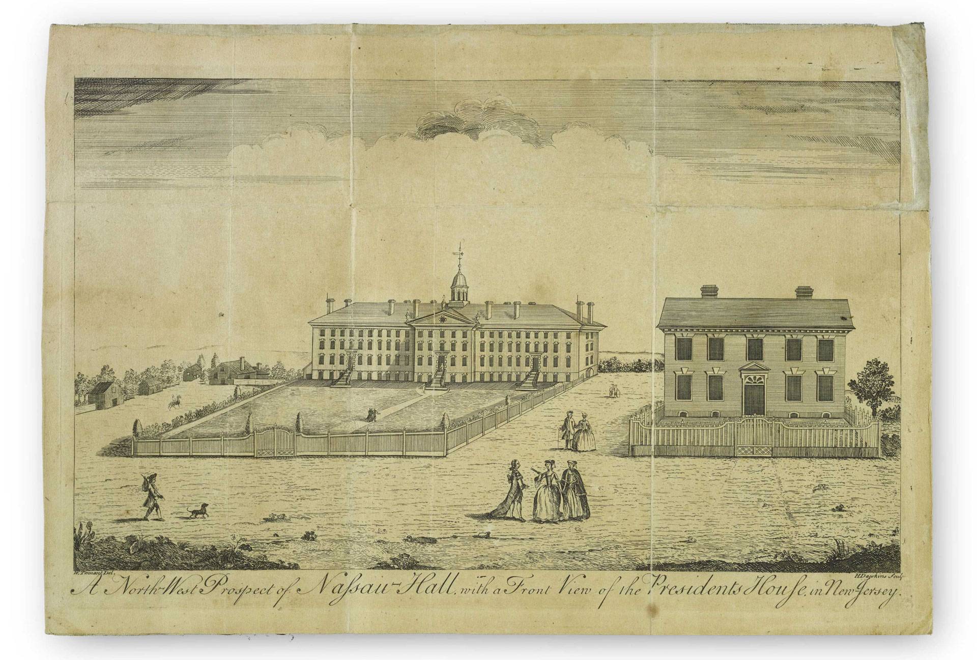 An 18th-century depiction of Nassau Hall and what is now Maclean House
