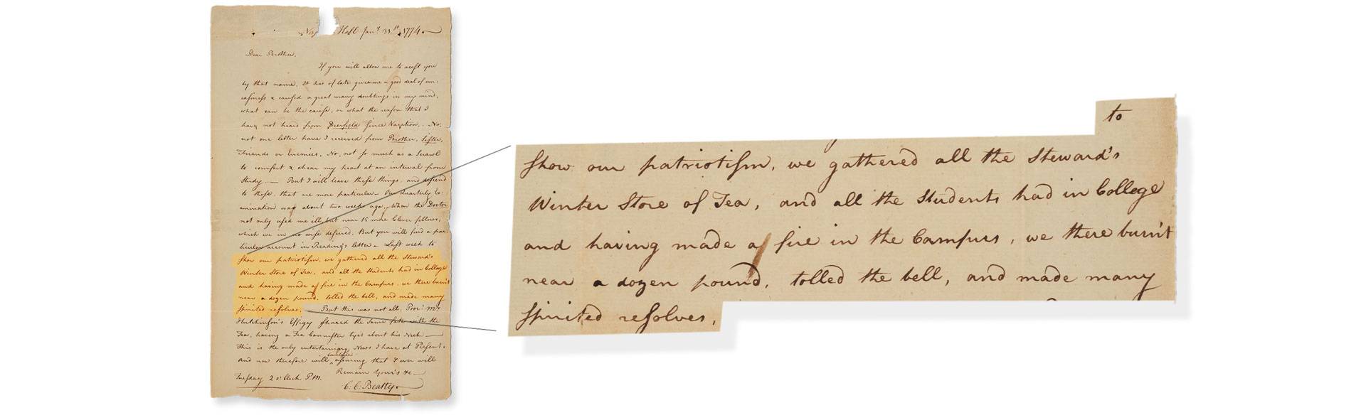 An 18th-century manuscript featuring handwriting and highlighted text about the Princeton tea party