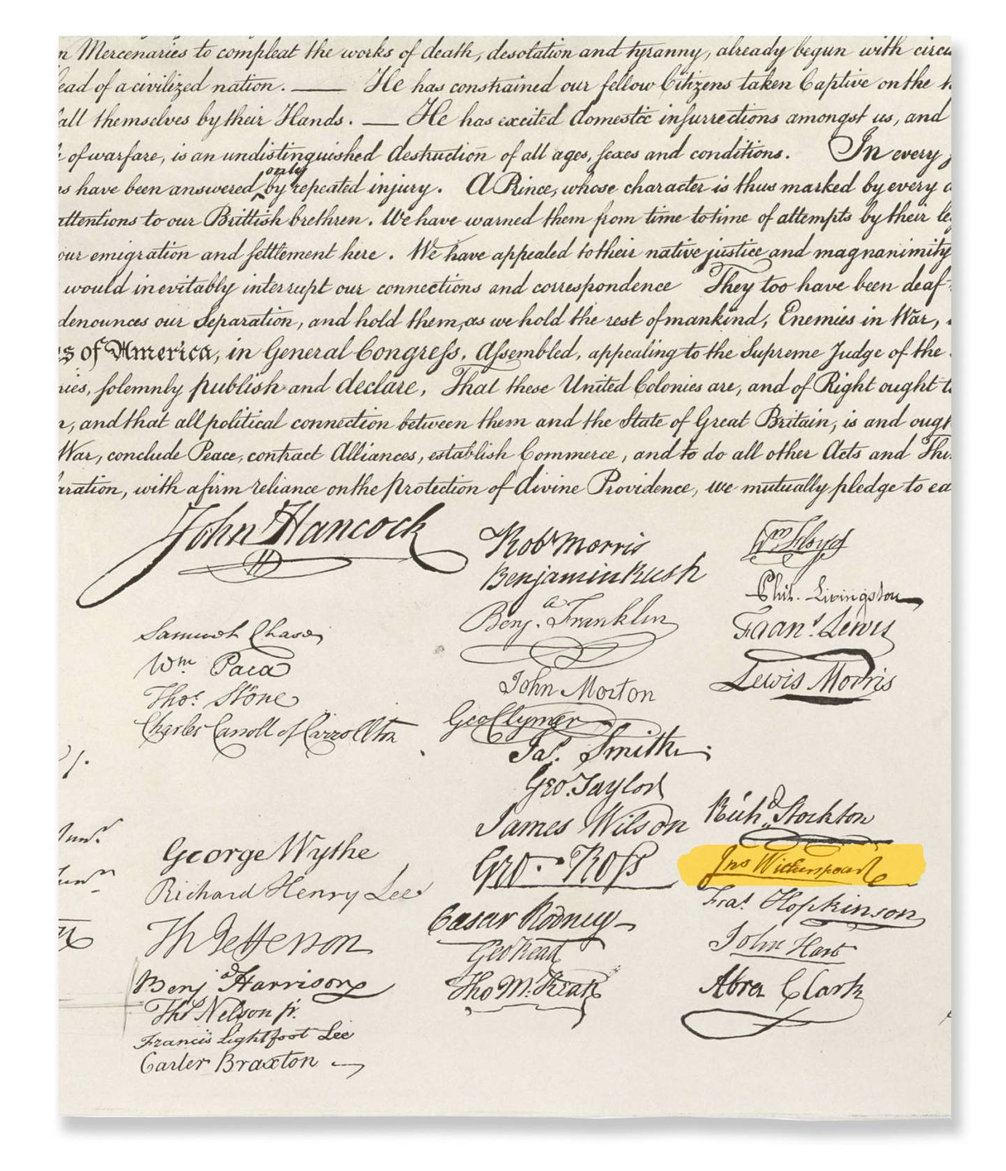 The Declaration of Independence featuring John Witherspoon's highlighted signature